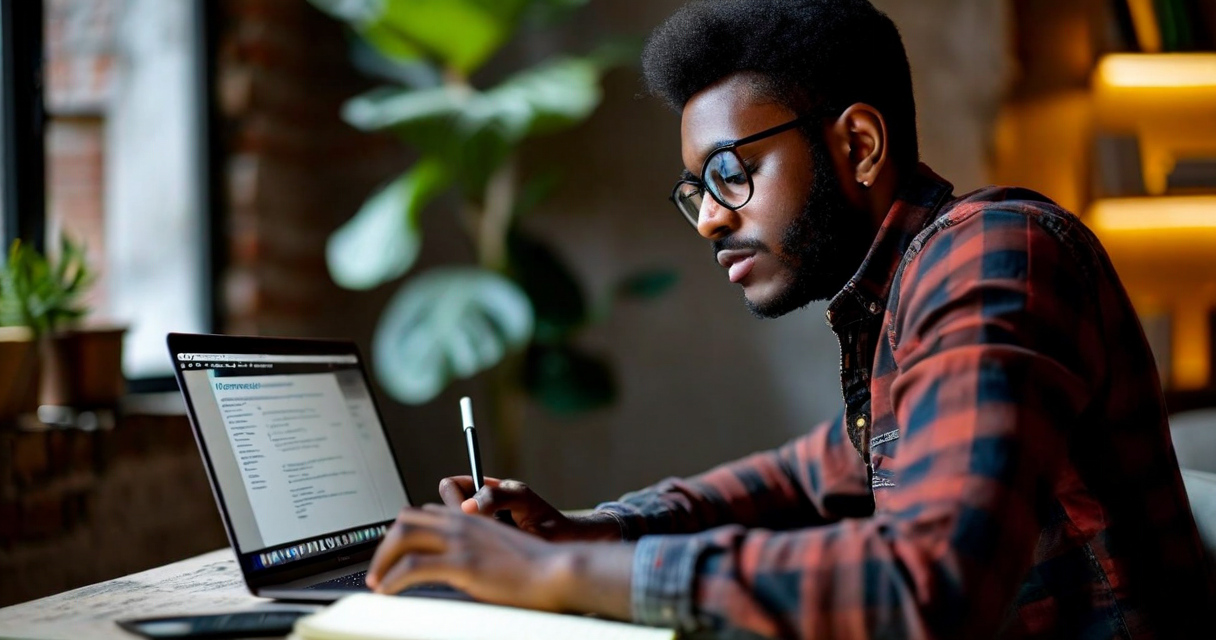 Creator reviewing a structured AI content brief on laptop