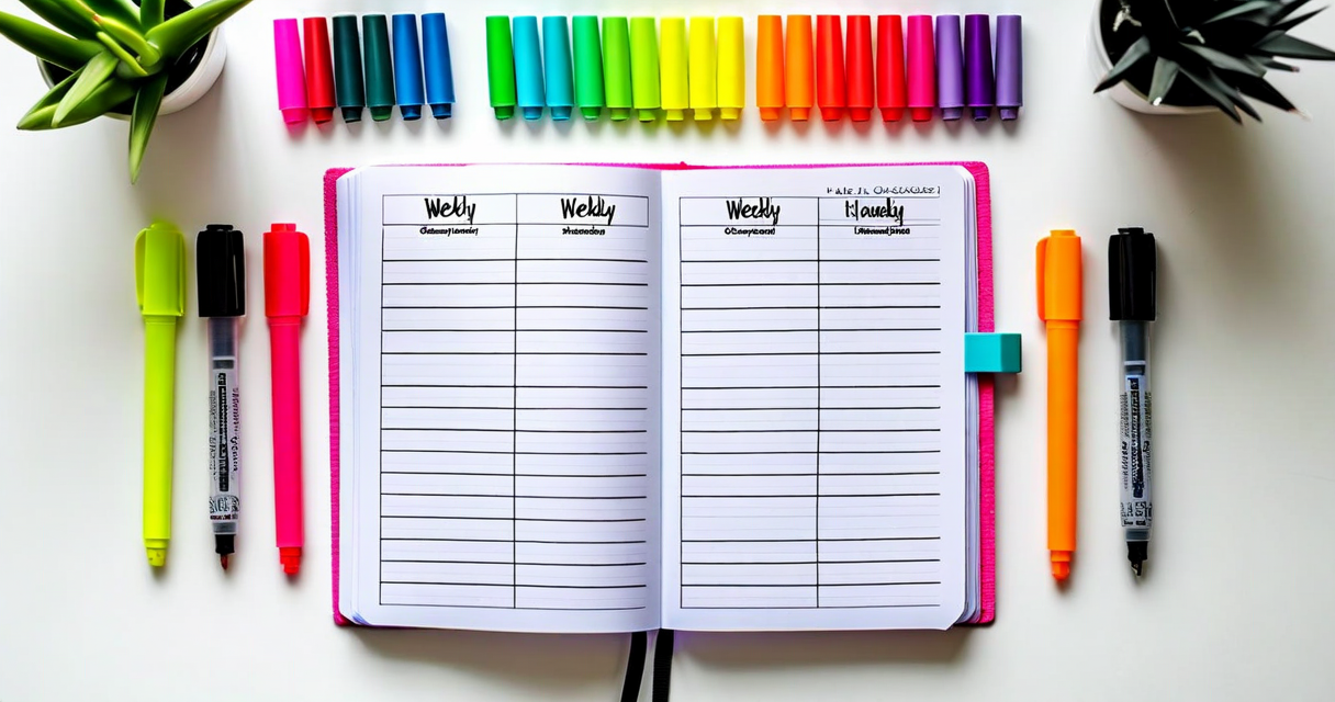 Calendar planner open on desk with coloured markers