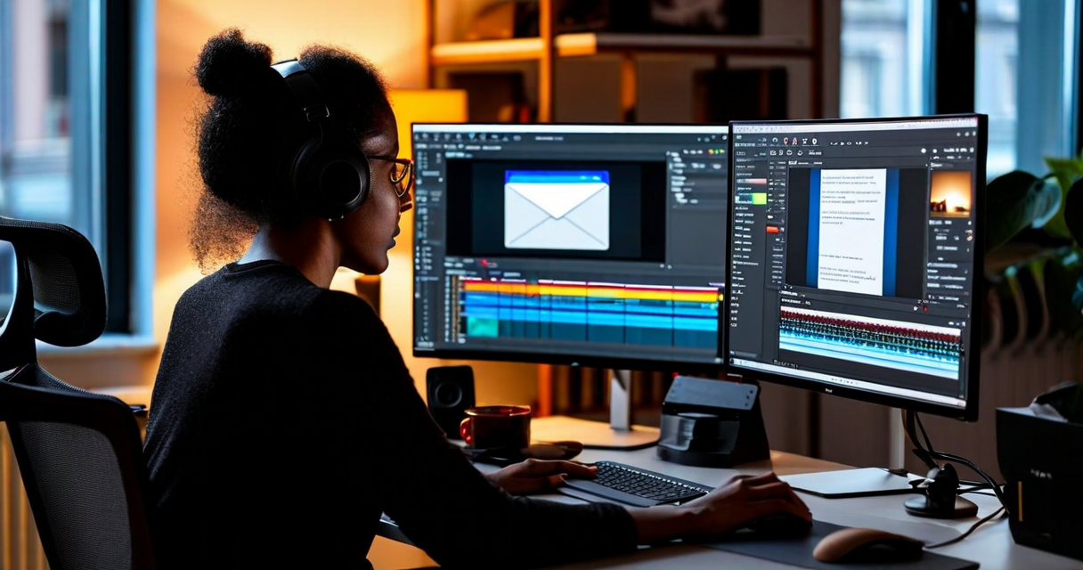 Person at desk with YouTube Studio and email draft on two screens