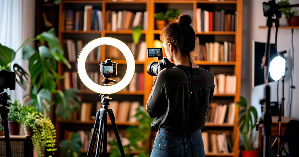 Creator filming in a home studio setup with ring light