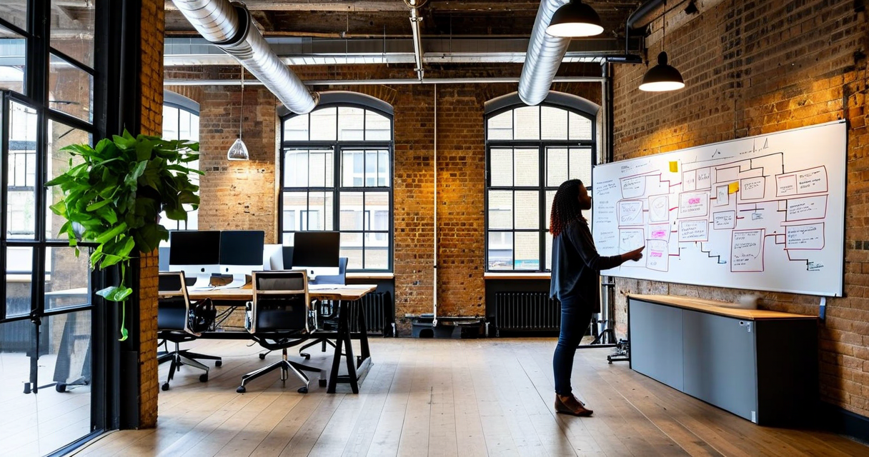 London tech hub interior with founder at whiteboard