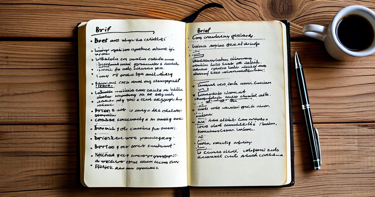 Open notebook with handwritten brief outline on wooden desk