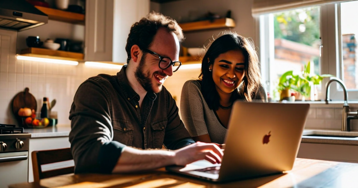 Two people collaborating on laptop at kitchen table